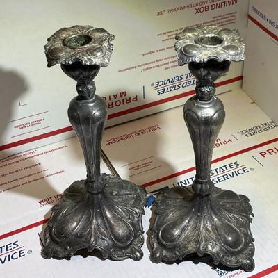 Antique 1800's Pair of Silver-Plated Candle Stick Holder 9.5
