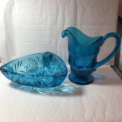 Vintage Mid Century Heavy Blue Glass Ashtray & Creamer Pitcher in Good Preowned Condition.