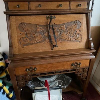 Vintage MID-CENTURY Carved OAK Secretary Desk in VG Preowned Condition. Local Pickup Only.