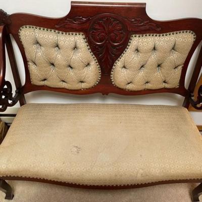 Quaint Small Victorian Carved Hardwood Loveseat. Local Pickup Only. Seat Material Could be Replaced. Other than that, in Good Preowned...