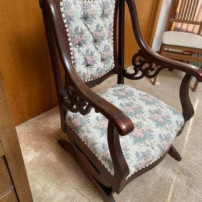 Victorian Hardwood Glider Rocker w/Great Upholstery Fabric. VG Condition for its Age. Well Kept!