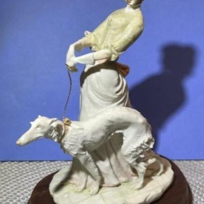 Vintage Arnart Pucci Porcelain Victorian Lady Walking Dog Figurine on Attached Wooden Base in VG Condition.