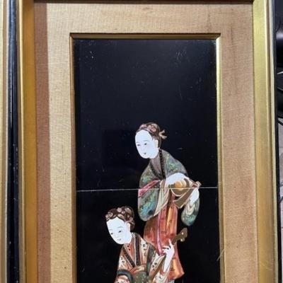 Vintage Pair of Japanese Mid-Century Geisha Girl Tile Artwork Framed Size 9.5