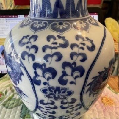 Chinese Blue & White Dragon Jar/Vase Heavy Porcelain Body Boldly Painted in Cobalt Blue w/4 Four-Clawed 12-1/2