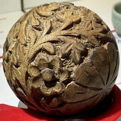 Vintage Chinese/Asian Hand Carved Softball Size Wooden Sphere as Pictured.