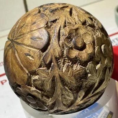 Vintage Chinese/Asian Hand Carved Softball Size Wooden Sphere as Pictured.