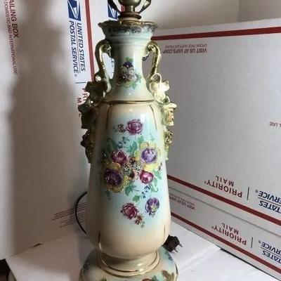 Antique Exquisite Hand Painted Porcelain Table Lamp 15.5in Tall as Pictured. No Shade Included.