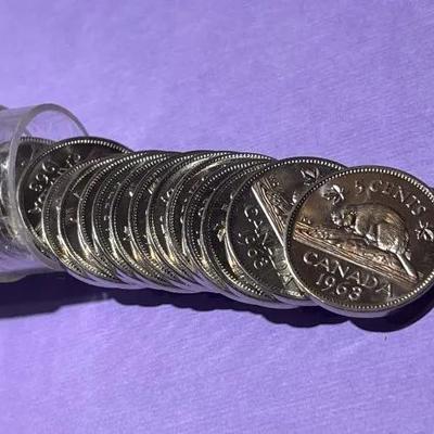 CANADA 1963 CHOICE BU ROLL OF 40-COINS QUEEN ELIZABETH-II 5-CENT COINS as Pictured.