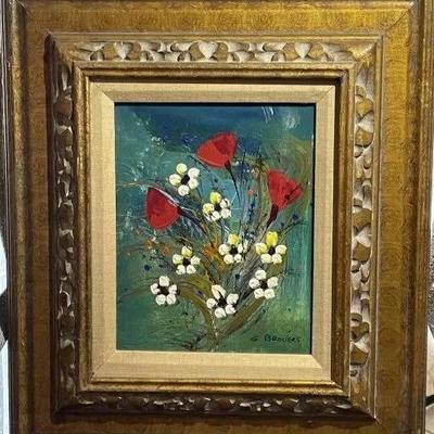 Vtg Original Oil Painting on Canvas Bright Floral Art Signed by G. Broliers and Nicely Framed. (Frame Size 16