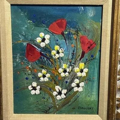 Vtg Original Oil Painting on Canvas Bright Floral Art Signed by G. Broliers and Nicely Framed. (Frame Size 16