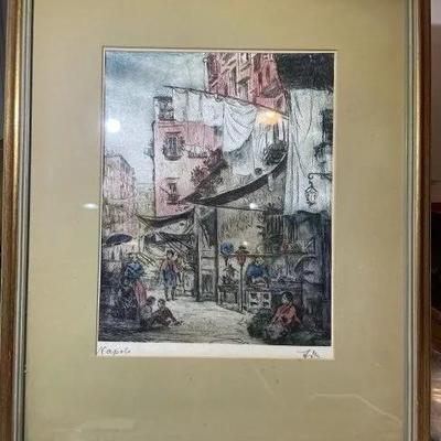 Vintage NAPOLI Artist Signed Silkscreen Lithograph Frame Size 14.5