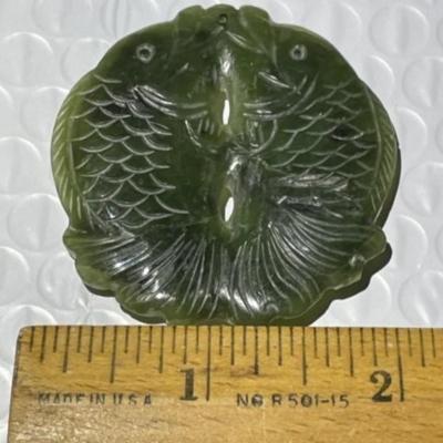 Vintage Chinese/Asian Dark Green Double Fish Jade Carved Pendant Needs Stringing Preowned from an Estate as Pictured