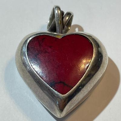 Vintage Sterling Silver Turquoise & Coral Inlaid Reversable Heart Pendant in Good Preowned Condition.