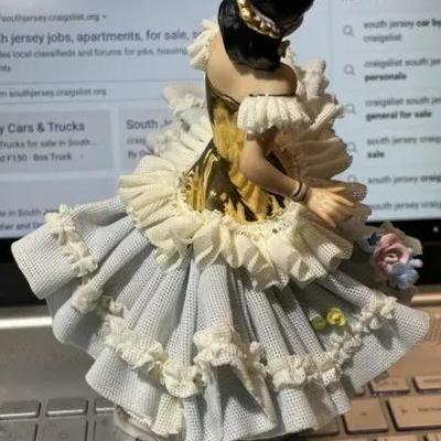 Large Dresden Germany Porcelain Lace Figurine 7.25â€ Tall in VG Preowned Condition.