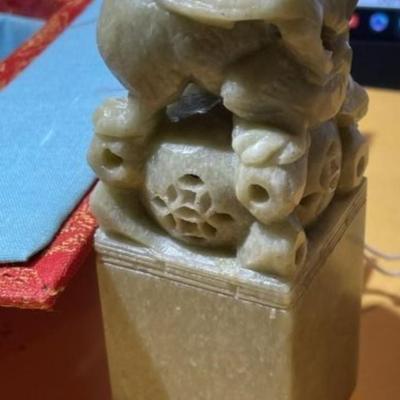 Vintage Heavy Chinese Carved Soapstone Artwork Ink Stamp Larger Size as Pictured.