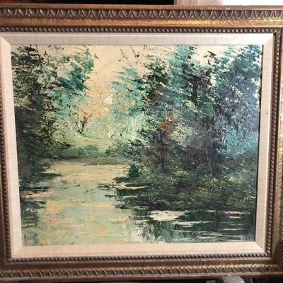 Vintage ALICE NOEL Oil on Artist Board Scenic Painting 26" x 30" Frame Size Preowned from an Estate in Good Condition.