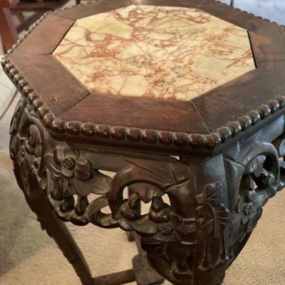 Antique Very Early Chinese Hand Carved Wooden w/Inset Marble Top Plant Stand/Pedestal 30.5" Tall.