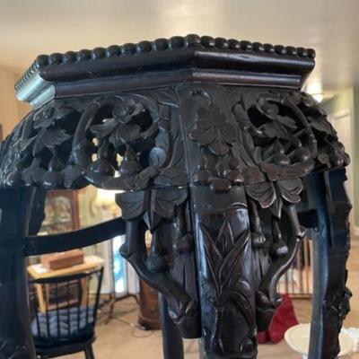 Antique Very Early Chinese Hand Carved Wooden w/Inset Marble Top Plant Stand/Pedestal 35" Tall