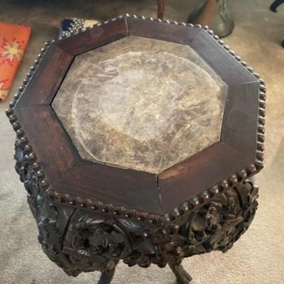 Antique Very Early Chinese Hand Carved Wooden w/Inset Marble Top Plant Stand/Pedestal 35" Tall