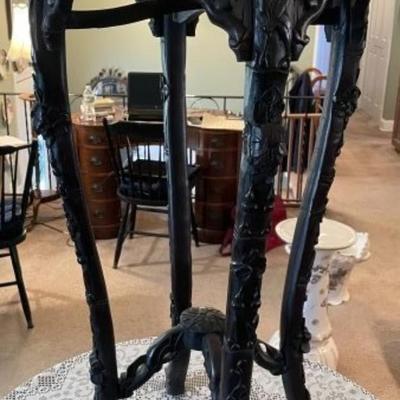 Antique Very Early Chinese Hand Carved Wooden w/Inset Marble Top Plant Stand/Pedestal 35" Tall