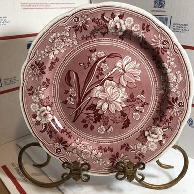 One Spode Georgian Botanical Plate Red Transferware Dinner Plate 10.5â€ Diameter in VG Preowned Condition.