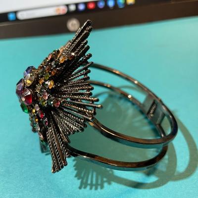 Vintage Large Hinged Adjustable Colored Stone Cuff Bracelet in VG Preowned Condition.