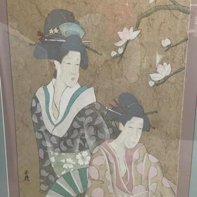Vintage Large Early Japanese Signed Artwork on a Weave Parchment Paper Preowned from an Estate Cleanout. Frame Size 33.5" x 39.5".