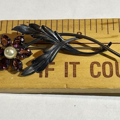 Vintage Symmetalic Sterling & 14k Amethyst Flower Brooch/Pin in VG Preowned Condition.