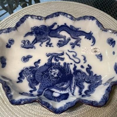Antique "OYAMA" Flow Blue Dragon Bowl by Royal Doulton c1902-20 8.5" x 10" see Description.