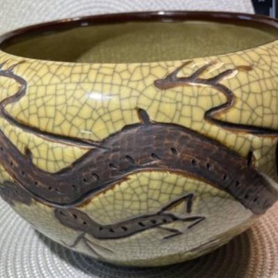Vintage Asian Crackled Stoneware Dragon Planter/Bowl 10.5" Diameter & 6.5" Tall in VG Preowned Condition as Pictured.