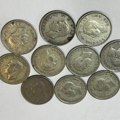 10 Different Date Great Britain Silver 6-Pence Circulated Condition Coins. Dated from 1930's-1947.