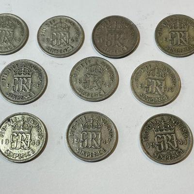 10 Different Date Great Britain Silver 6-Pence Circulated Condition Coins. Dated from 1930's-1947.