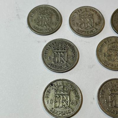 10 Different Date Great Britain Silver 6-Pence Circulated Condition Coins. Dated from 1930's-1947.