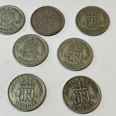 10 Different Date Great Britain Silver 6-Pence Circulated Condition Coins. Dated from 1930's-1947.