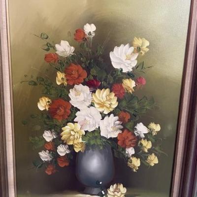 Mid-Century Flower Still Oil on Canvas Signed by "Mueller" Frame Size 32" x 44" Preowned from an Estate. Frame is a...