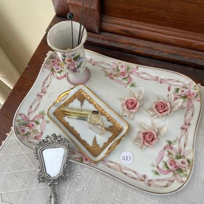 Lot of Jewelry Trays, Hand Mirror, Perfume Bottles, and Hat Pins