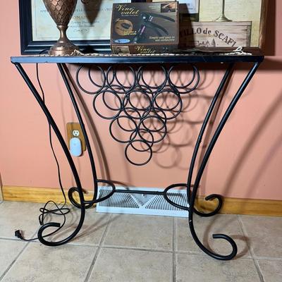 LOT 342K: Decorative Wine Rack/Table w/ Wine Themed Decor, Corkscrew & Lamp