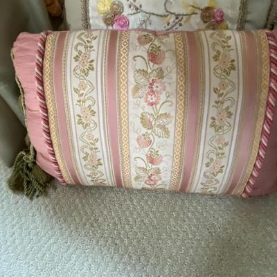 Lot of Cushioned Stool and Three Pillows