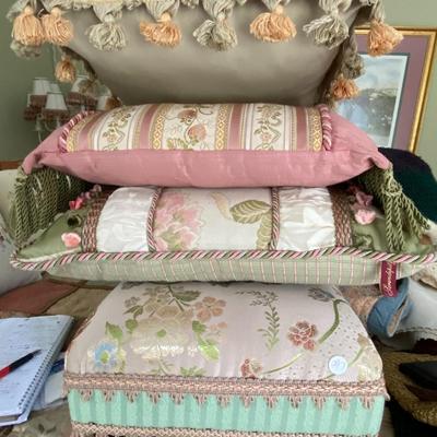 Lot of Cushioned Stool and Three Pillows