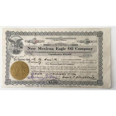 1926 New Mexican Eagle Oil Company Signed Stock Share Certificate