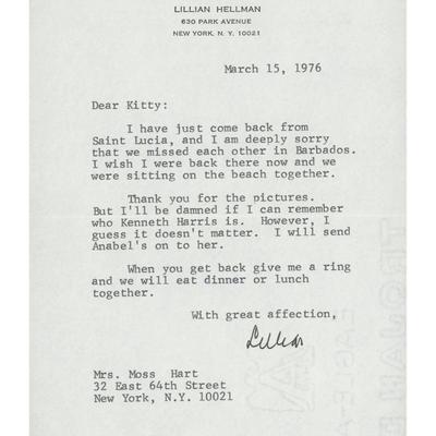 Lillian Hellman signed letter