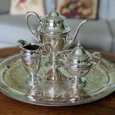 4 pc Castleton by International Silver Company Waiter tray, tea pot, cream and sugar with lid Silverplate