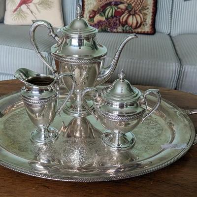 4 pc Castleton by International Silver Company Waiter tray, tea pot, cream and sugar with lid Silverplate
