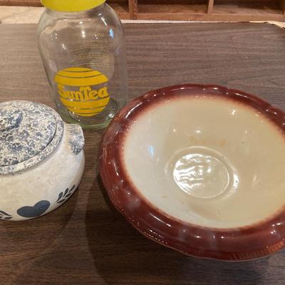 Large bowl, sun tea and crock