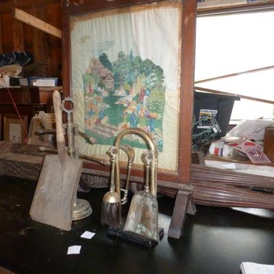 Fireplace Set and Hand Crocheted Fire Screen