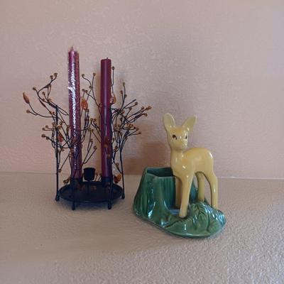 UNIQUE BEADED 3 CANDLE HOLDER AND A VINTAGE DOE PLANTER