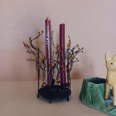 UNIQUE BEADED 3 CANDLE HOLDER AND A VINTAGE DOE PLANTER