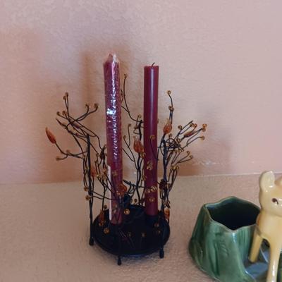 UNIQUE BEADED 3 CANDLE HOLDER AND A VINTAGE DOE PLANTER