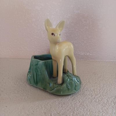 UNIQUE BEADED 3 CANDLE HOLDER AND A VINTAGE DOE PLANTER