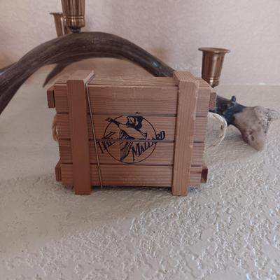 TRIPLE CANDLE ANTLER HOLDER, ULU KNIFE AND REPLICA AMMO CRATE